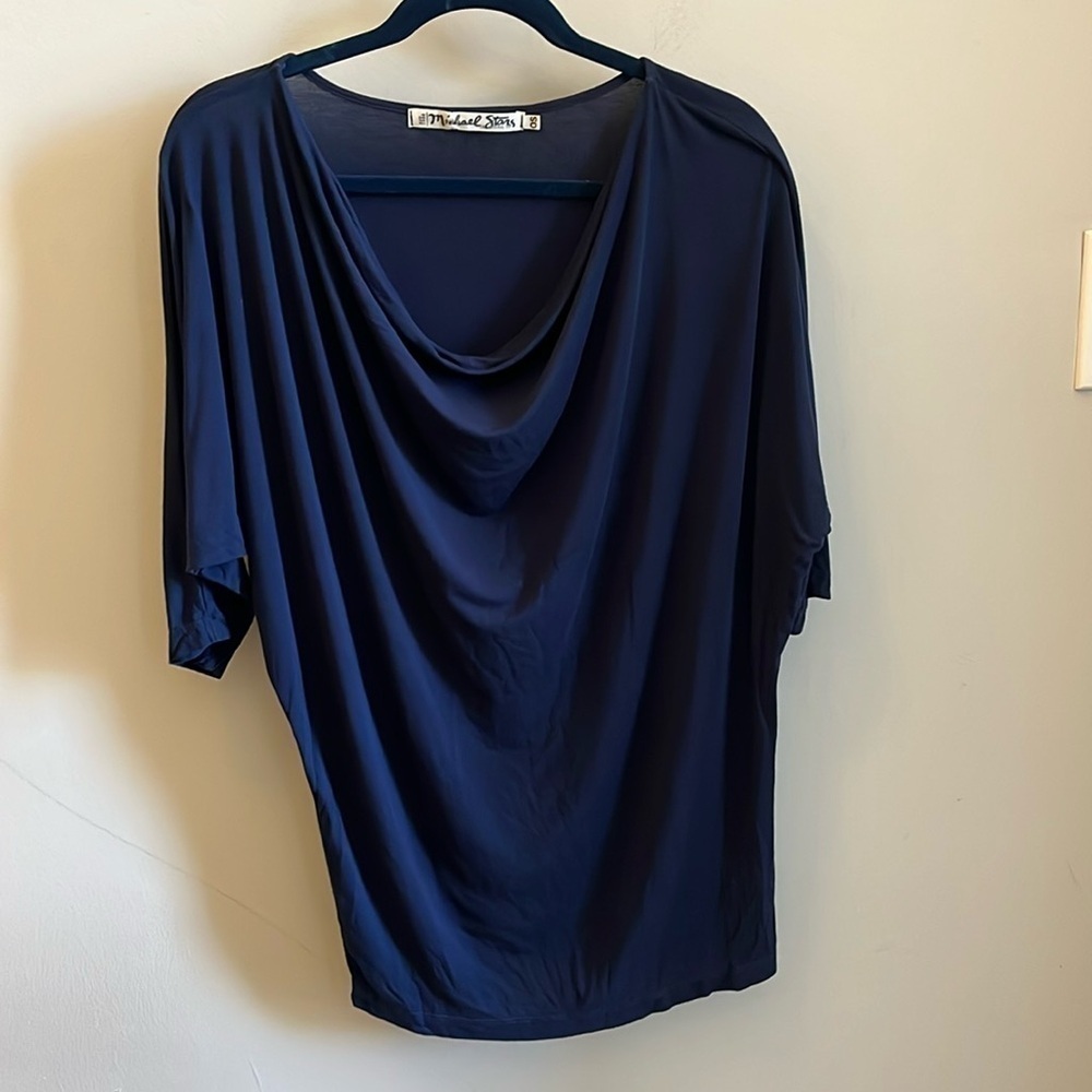 Michael Stars Cowl Top Short Sleeves Navy Blue One Size